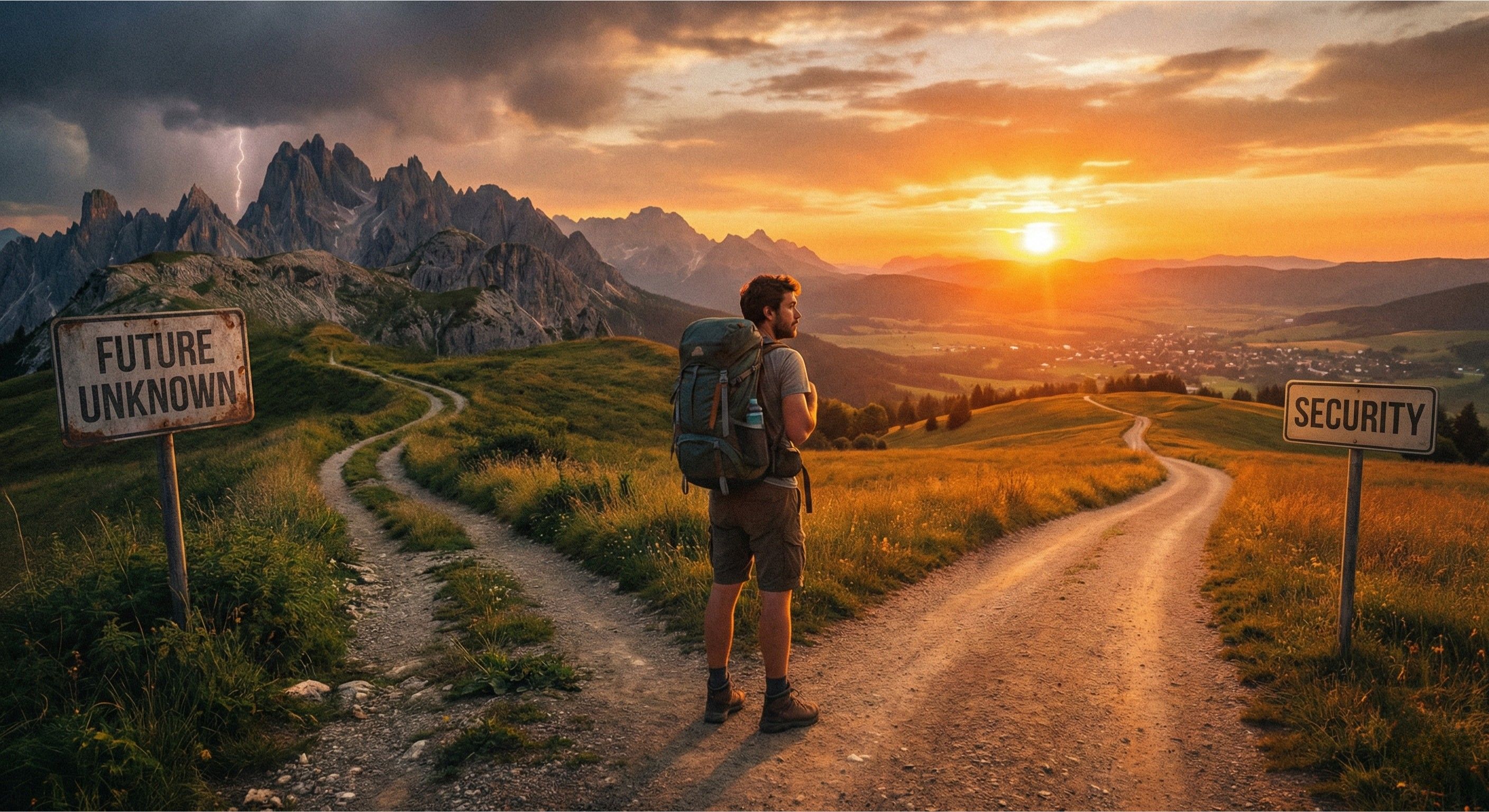 Fork in the road at sunset