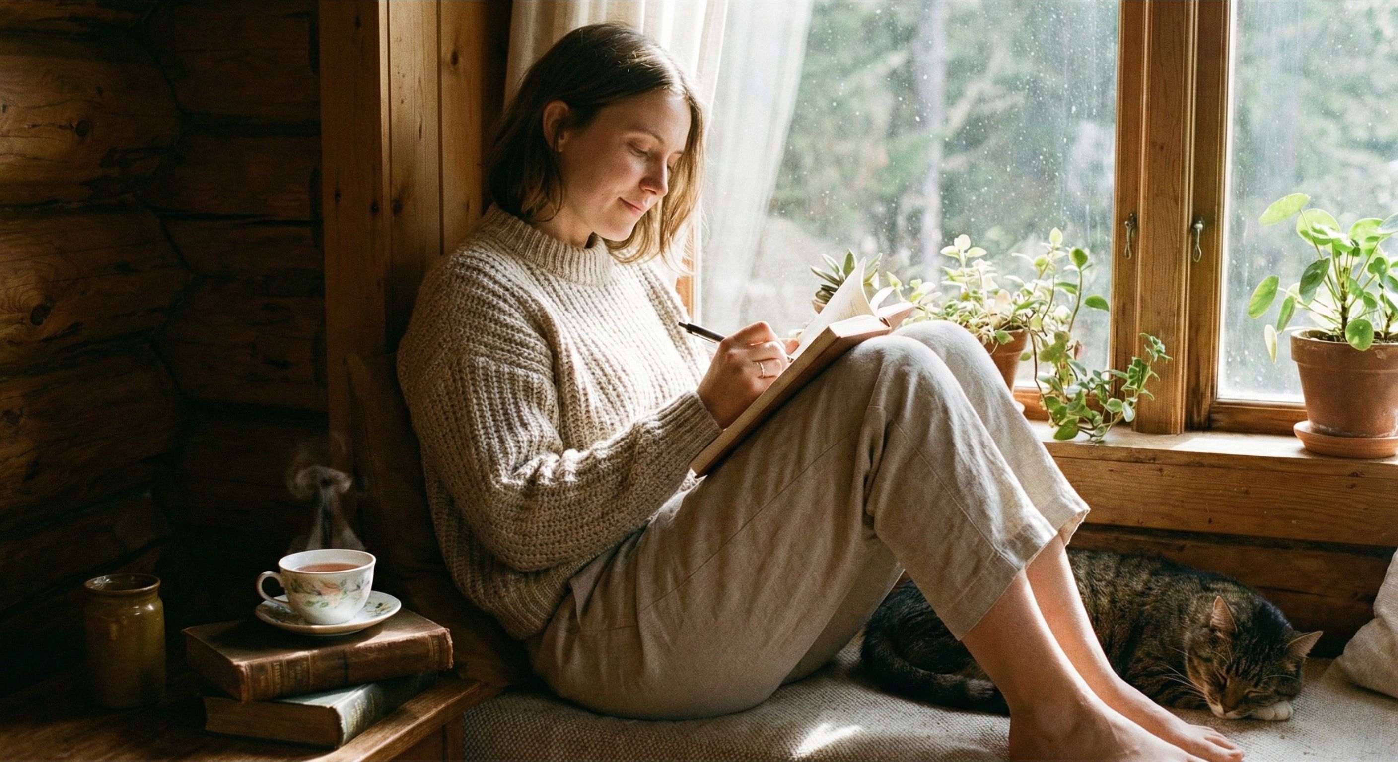 Calm person sitting peacefully by a window, journaling
