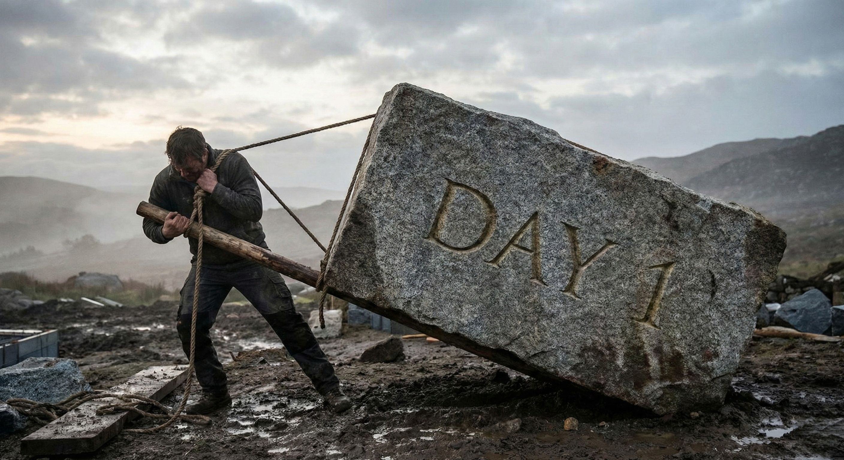 Heavy stone being lifted, symbolizing the weight of new beginnings