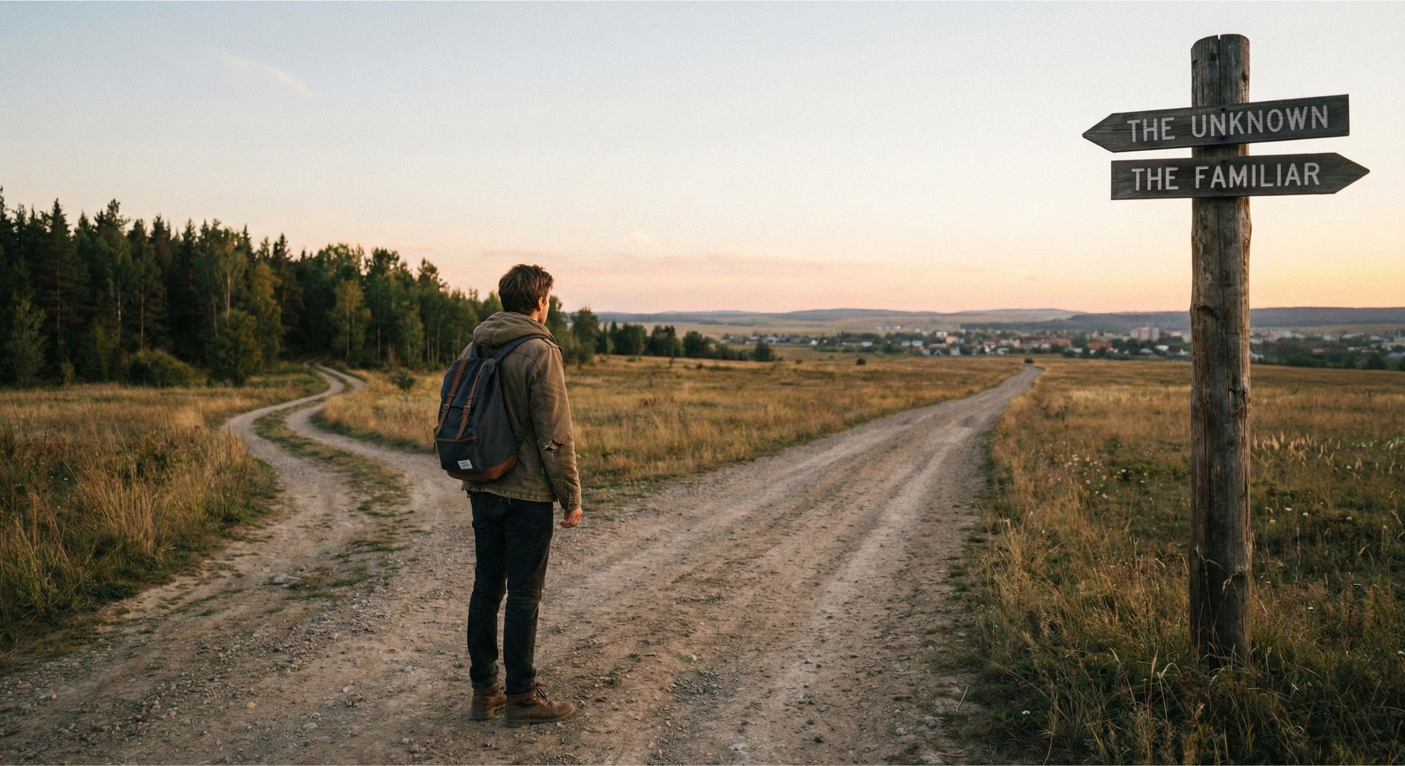 Person standing at a crossroads, looking at multiple paths ahead